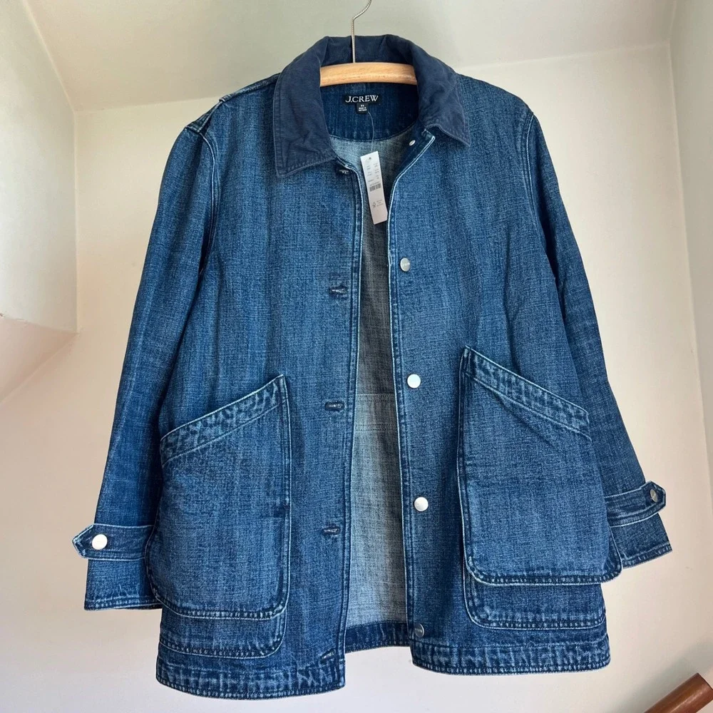 J.Crew Denim Barn Jacket XS Blue Corduroy Collar Chore Coat Oversized NEW NWT